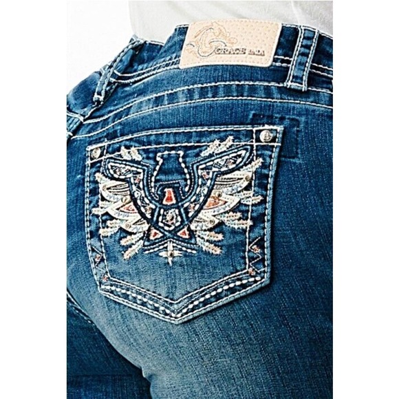 Grace in LA Denim - Grace in LA Women's Embroidered Pastel Wing Bootcut Stretch Jeans